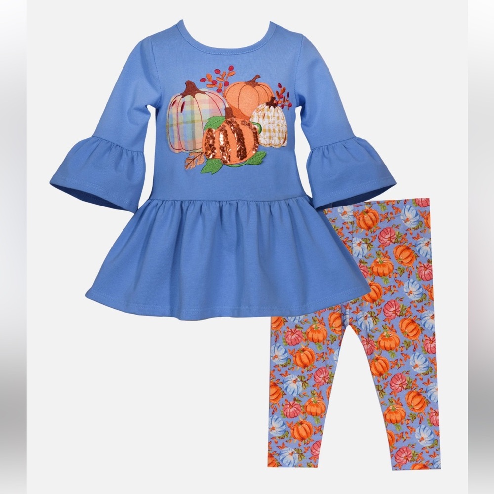 Iris & Ivy Pumpkin Patch Appliqué Peplum Top and Pumpkin Print Pant Set NWT